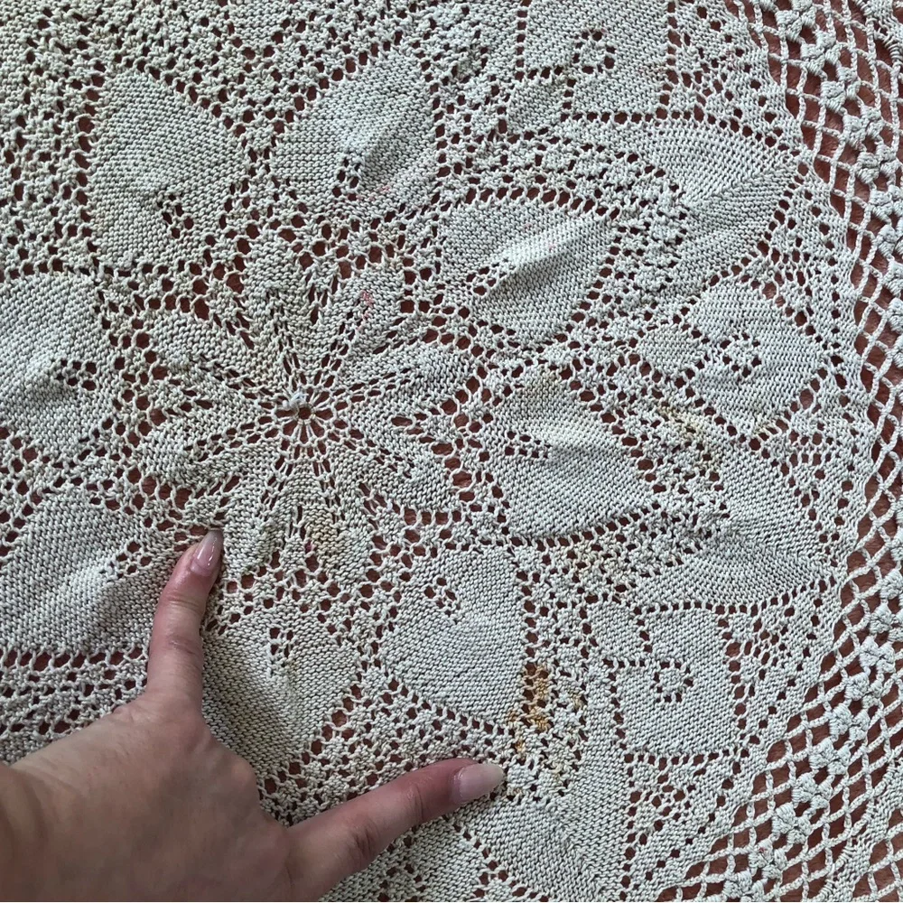 STAINED Vintage Tan Crochet Round Tablecloth Table Topper 60”
